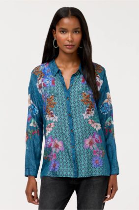 Johnny Was Luisa Shirt Dewflower front view featuring collared button front and long sleeves