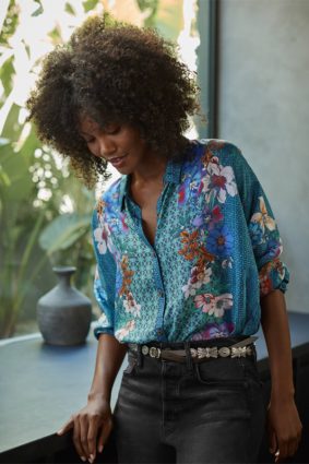 Johnny Was Luisa Shirt Dewflower front view featuring collared button front and long sleeves
