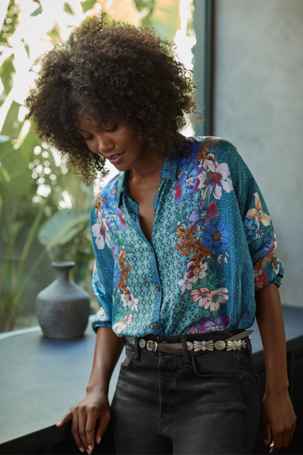 Johnny Was Luisa Shirt Dewflower front view featuring collared button front and long sleeves