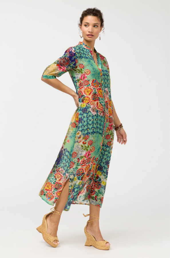 Johnny Was Midaxi Shirt Dress Carlina front view showcasing button-front design and long sleeves