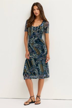 Johnny Was Scoop Neck Ruched Front Mesh Midi Dress Montecito front view featuring scoop neckline and elbow-length sleeves