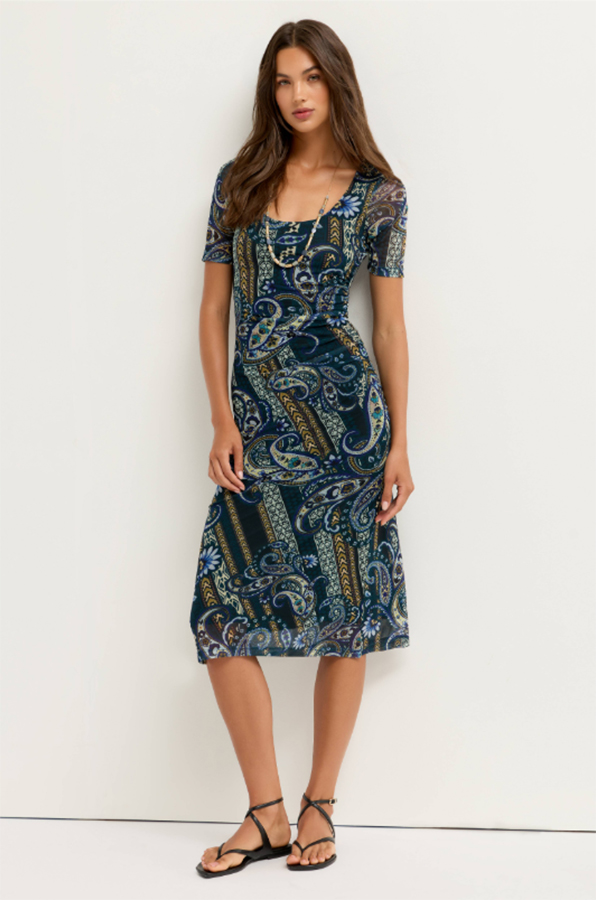Johnny Was Scoop Neck Ruched Front Mesh Midi Dress Montecito front view featuring scoop neckline and elbow-length sleeves
