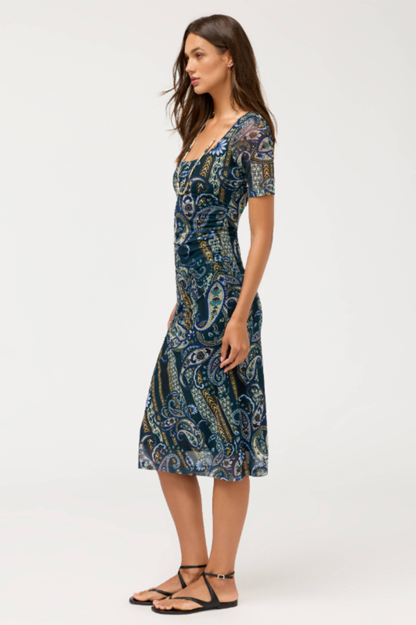 Johnny Was Scoop Neck Ruched Front Mesh Midi Dress Montecito front view featuring scoop neckline and elbow-length sleeves