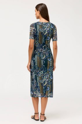 Johnny Was Scoop Neck Ruched Front Mesh Midi Dress Montecito front view featuring scoop neckline and elbow-length sleeves