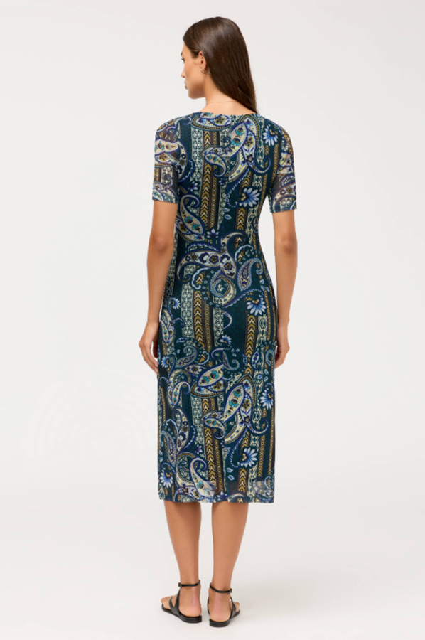 Johnny Was Scoop Neck Ruched Front Mesh Midi Dress Montecito front view featuring scoop neckline and elbow-length sleeves