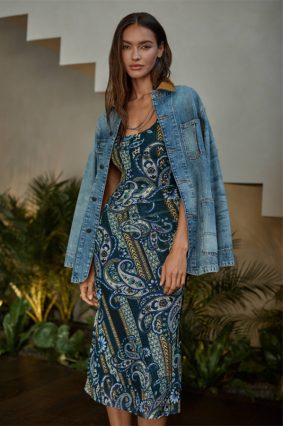 Johnny Was Scoop Neck Ruched Front Mesh Midi Dress Montecito front view featuring scoop neckline and elbow-length sleeves