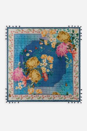 Johnny Was Silk Scarf Ballardi flat lay showing intricate floral pattern and borders