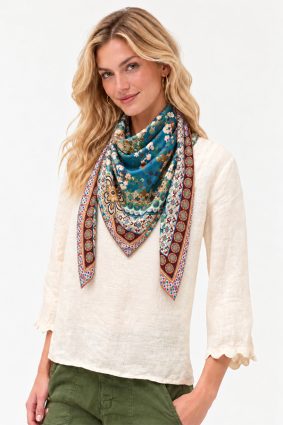 Here is the SEO-optimized alt text tailored for your current product, the Johnny Was Silk Scarf Descanso: Johnny Was floral print Descanso silk scarf with border detail