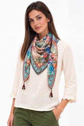 Johnny Was floral print Lorette silk scarf with border detail