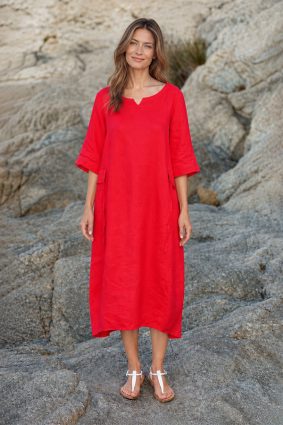 Kokomarina Sabana Dress Coral relaxed midi dress with notched round neckline
