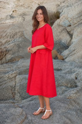 Kokomarina Sabana Dress Coral relaxed midi dress with notched round neckline
