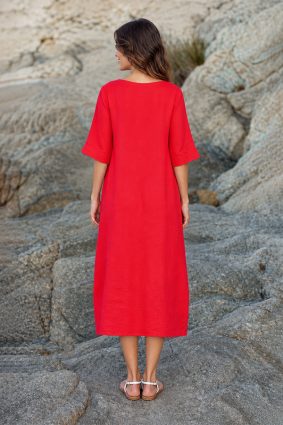 Kokomarina Sabana Dress Coral relaxed midi dress with notched round neckline