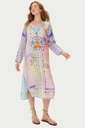 Me369 Violet V-Neck Dress Runic Whspr with printed chakras and mantra typography