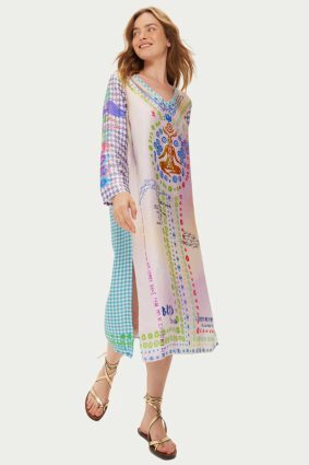 Me369 Violet V-Neck Dress Runic Whspr with printed chakras and mantra typography