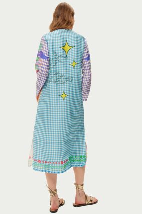 Me369 Violet V-Neck Dress Runic Whspr with printed chakras and mantra typography