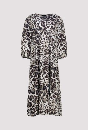 Monari leopard print maxi dress in coffee, black and cream tones with V-neckline and long sleeves
