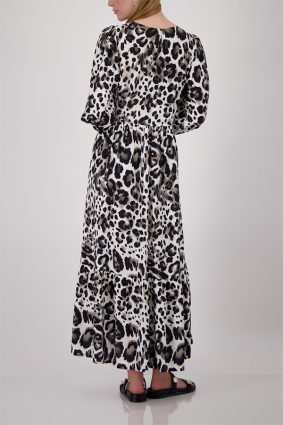 Monari leopard print maxi dress in coffee, black and cream tones with V-neckline and long sleeves