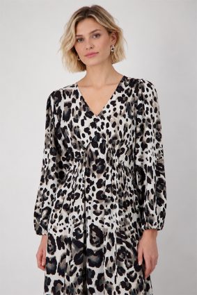 Monari leopard print maxi dress in coffee, black and cream tones with V-neckline and long sleeves