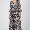 Monari leopard print maxi dress in coffee, black and cream tones with V-neckline and long sleeves