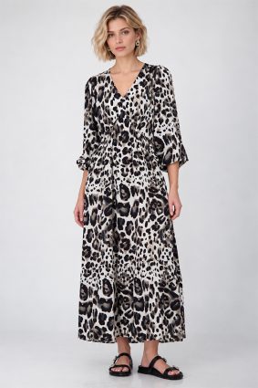 Monari leopard print maxi dress in coffee, black and cream tones with V-neckline and long sleeves