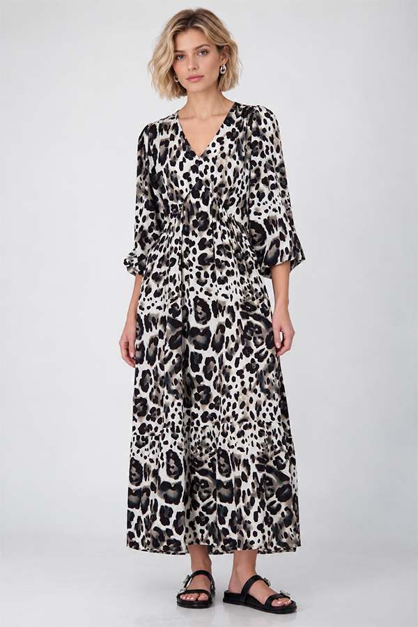 Monari leopard print maxi dress in coffee, black and cream tones with V-neckline and long sleeves