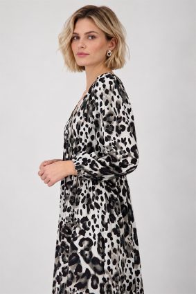 Monari leopard print maxi dress in coffee, black and cream tones with V-neckline and long sleeves