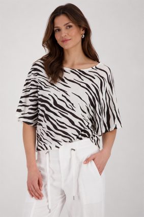 Monari tiger print knit sweater in coffee and cream tones with relaxed silhouette and round neckline