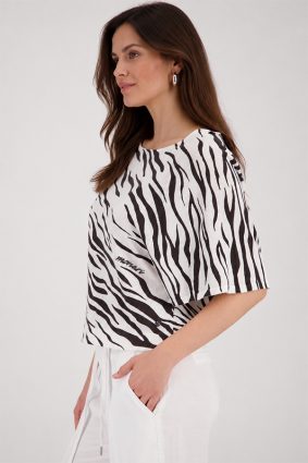 Monari tiger print knit sweater in coffee and cream tones with relaxed silhouette and round neckline