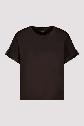 Monari basic coffee colored top featuring delicate sparkling jewelry detailing on the short sleeve cuffs