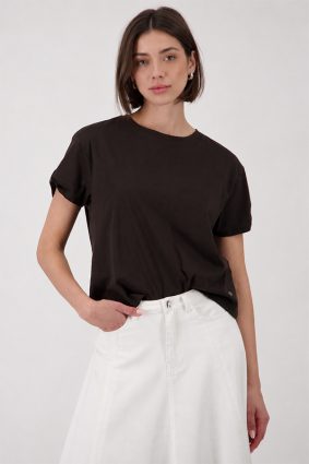 Monari basic coffee colored top featuring delicate sparkling jewelry detailing on the short sleeve cuffs