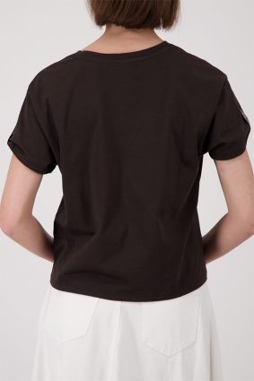 Monari basic coffee colored top featuring delicate sparkling jewelry detailing on the short sleeve cuffs