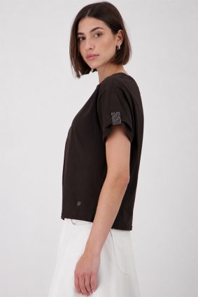 Monari basic coffee colored top featuring delicate sparkling jewelry detailing on the short sleeve cuffs