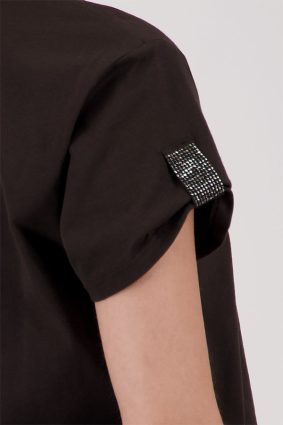 Monari basic coffee colored top featuring delicate sparkling jewelry detailing on the short sleeve cuffs