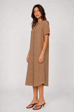 Mos Mosh Arleth SS Linen Dress PTF Oak in breathable neutral linen