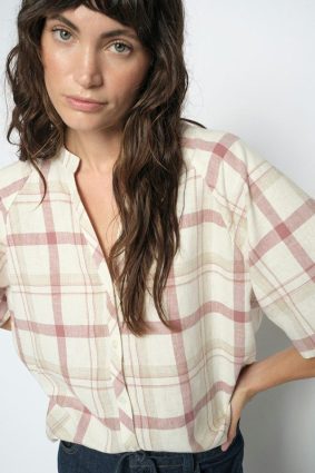 Mos Mosh check button-up shirt in neutral cowhide tone