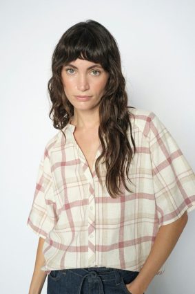Mos Mosh check button-up shirt in neutral cowhide tone