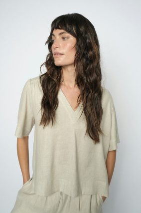 Mos Mosh clay linen blend short-sleeve summer blouse