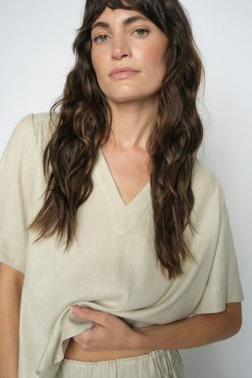 Mos Mosh clay linen blend short-sleeve summer blouse