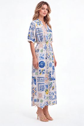 The Dreamer Label Adella Sicily Ankle Dress in blue and yellow print