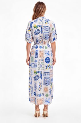 The Dreamer Label Adella Sicily Ankle Dress in blue and yellow print