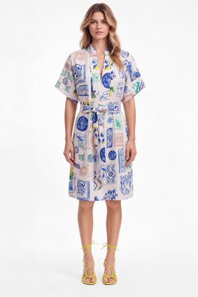 The Dreamer Label Francine Sicily Dress in blue, green and yellow print on ivory