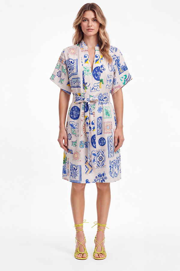 The Dreamer Label Francine Sicily Dress in blue, green and yellow print on ivory