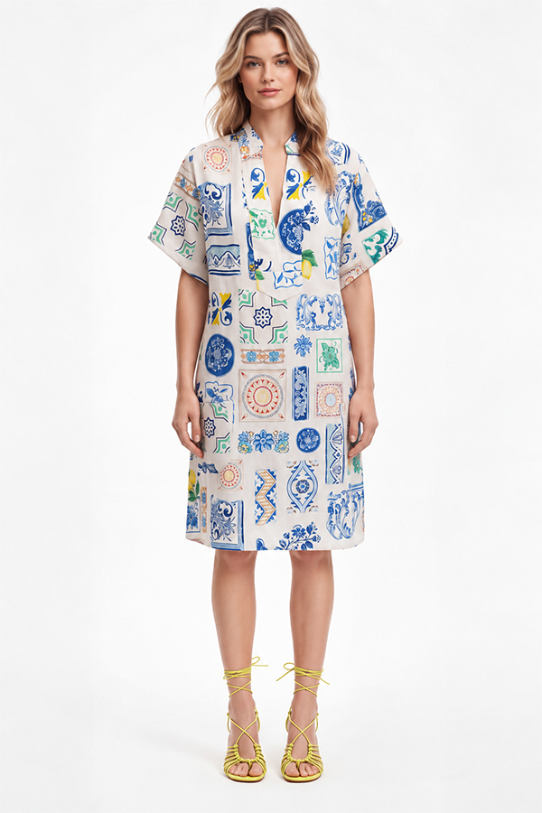 The Dreamer Label Francine Sicily Dress in blue, green and yellow print on ivory