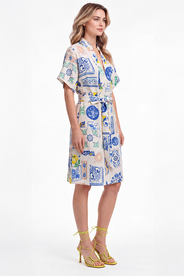 The Dreamer Label Francine Sicily Dress in blue, green and yellow print on ivory