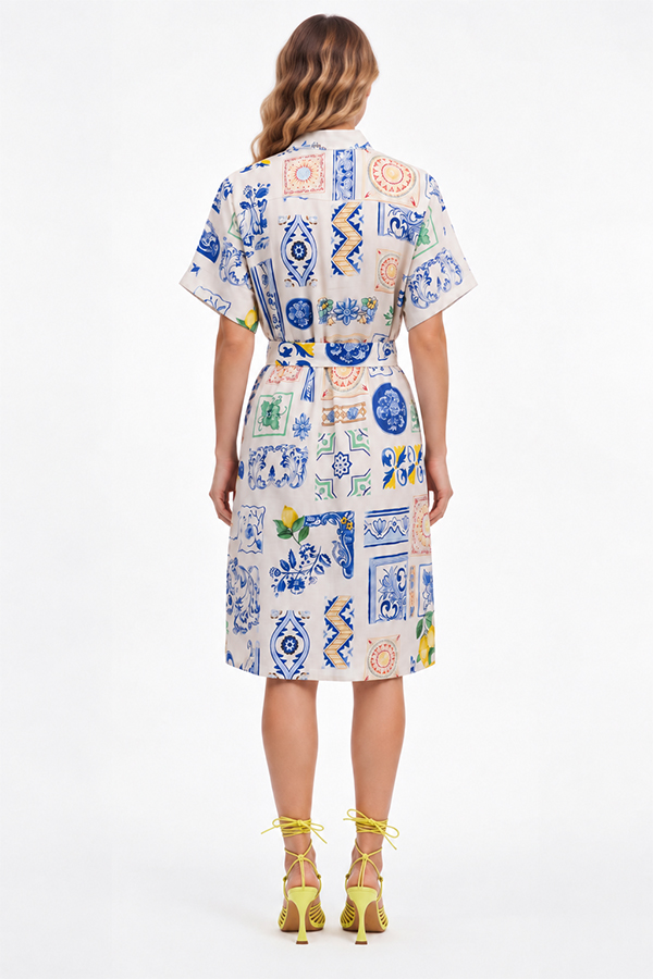 The Dreamer Label Francine Sicily Dress in blue, green and yellow print on ivory