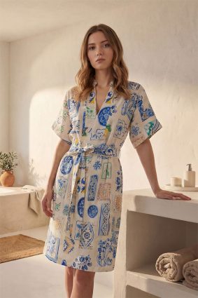 The Dreamer Label Francine Sicily Dress in blue, green and yellow print on ivory