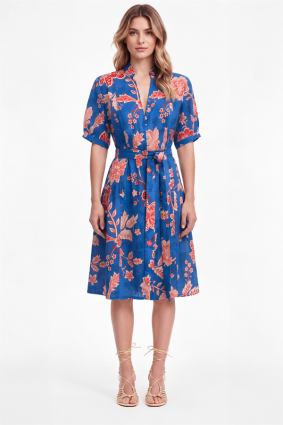 The Dreamer Label Tilda Valencia Dress in vibrant blue with coral floral print