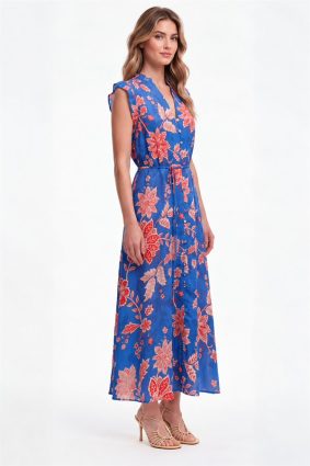 The Dreamer Label Victoria Valencia Maxi Dress in vibrant blue with coral floral print