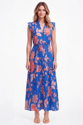 The Dreamer Label Victoria Valencia Maxi Dress in vibrant blue with coral floral print