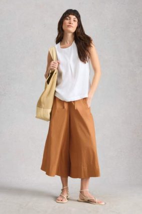 White Stuff Lauryn mid tan cotton poplin cropped wide leg trousers